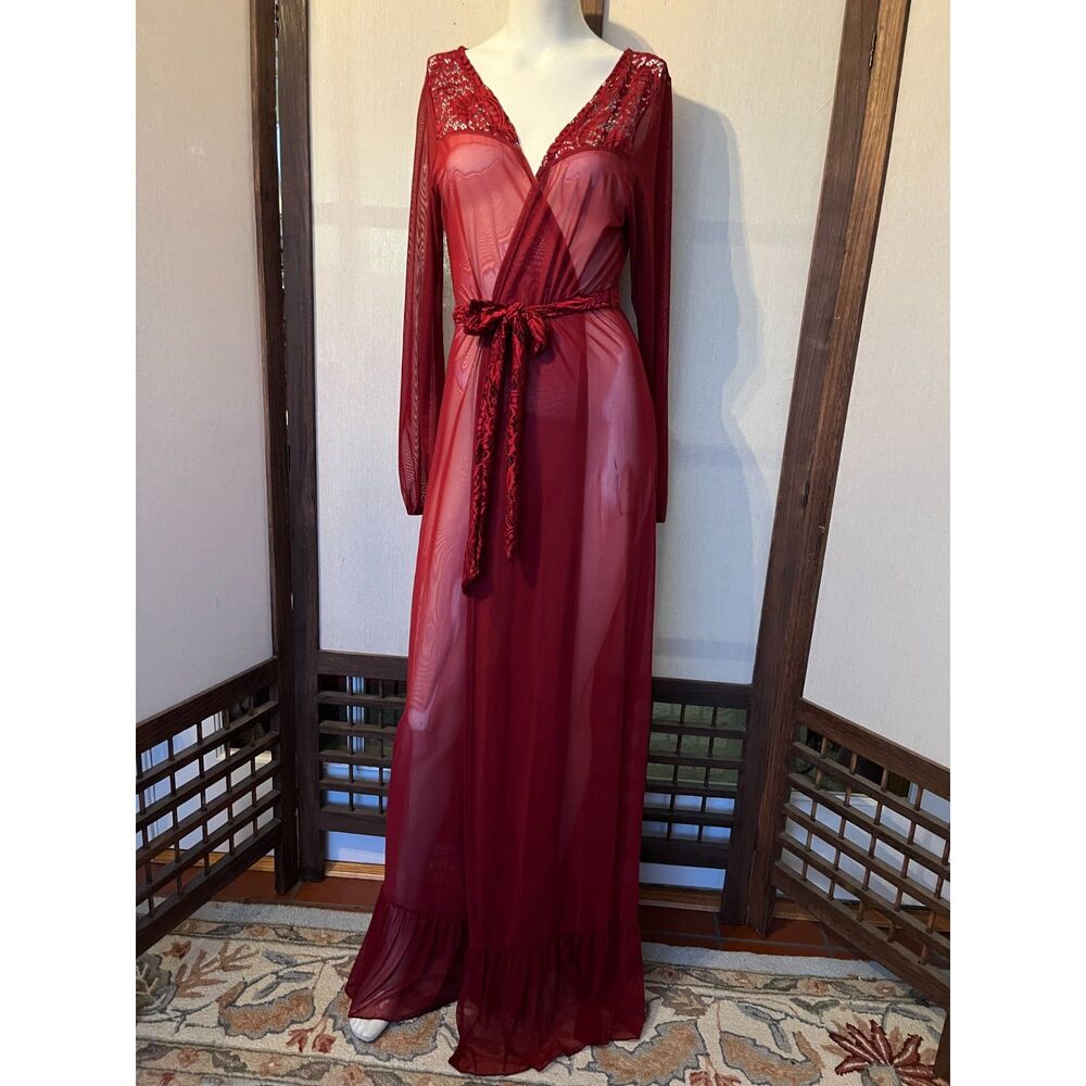Sheer Crimson Lace Maxi Robe Gothic Boudoir Duster Lingerie Cover Up